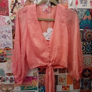 NWT Buddy Love XS S Clip Dot Cropped Balloon Tie Waist Pink Boho Cardigan Shrug